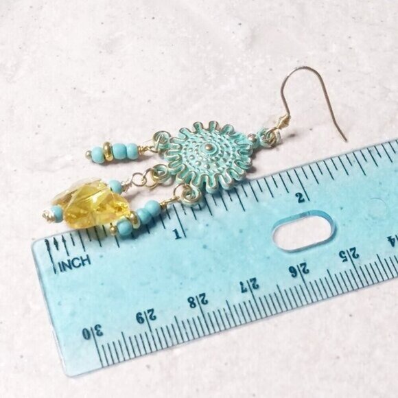 Upbeat! Boho! Playful Butterfly Chandelier Earrings! Yellow + Aqua + Turquoise - Picture 5 of 8